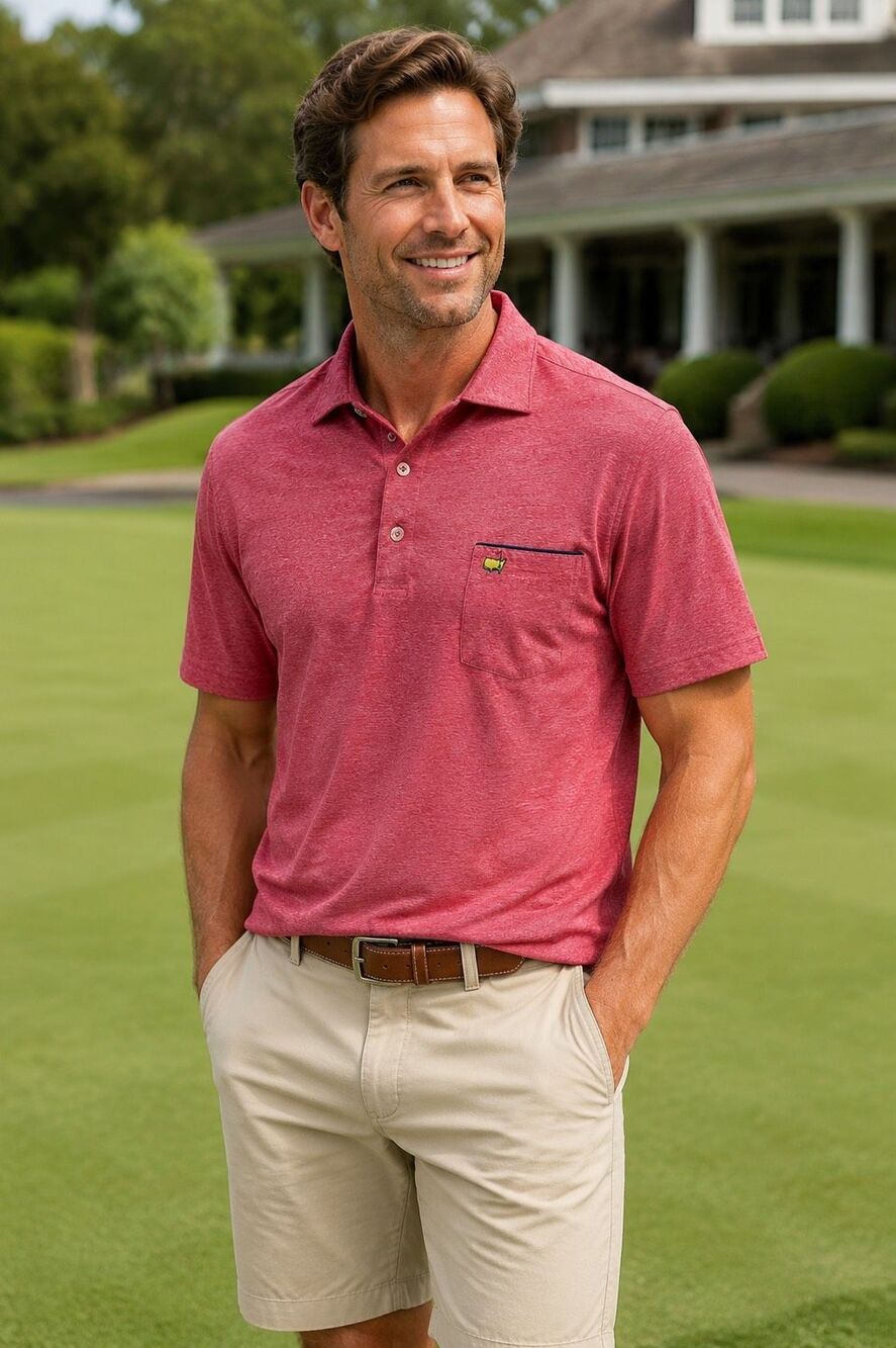 NWOT Masters Tech Performance Golf Polo Men’s M Coral Heather Pocket Augusta Log